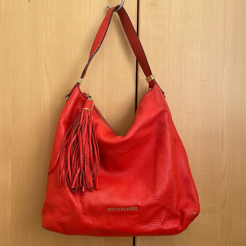 Michael Kors Red Orange Bedford Tassel Pebble Leather Shoulder Purse Bag